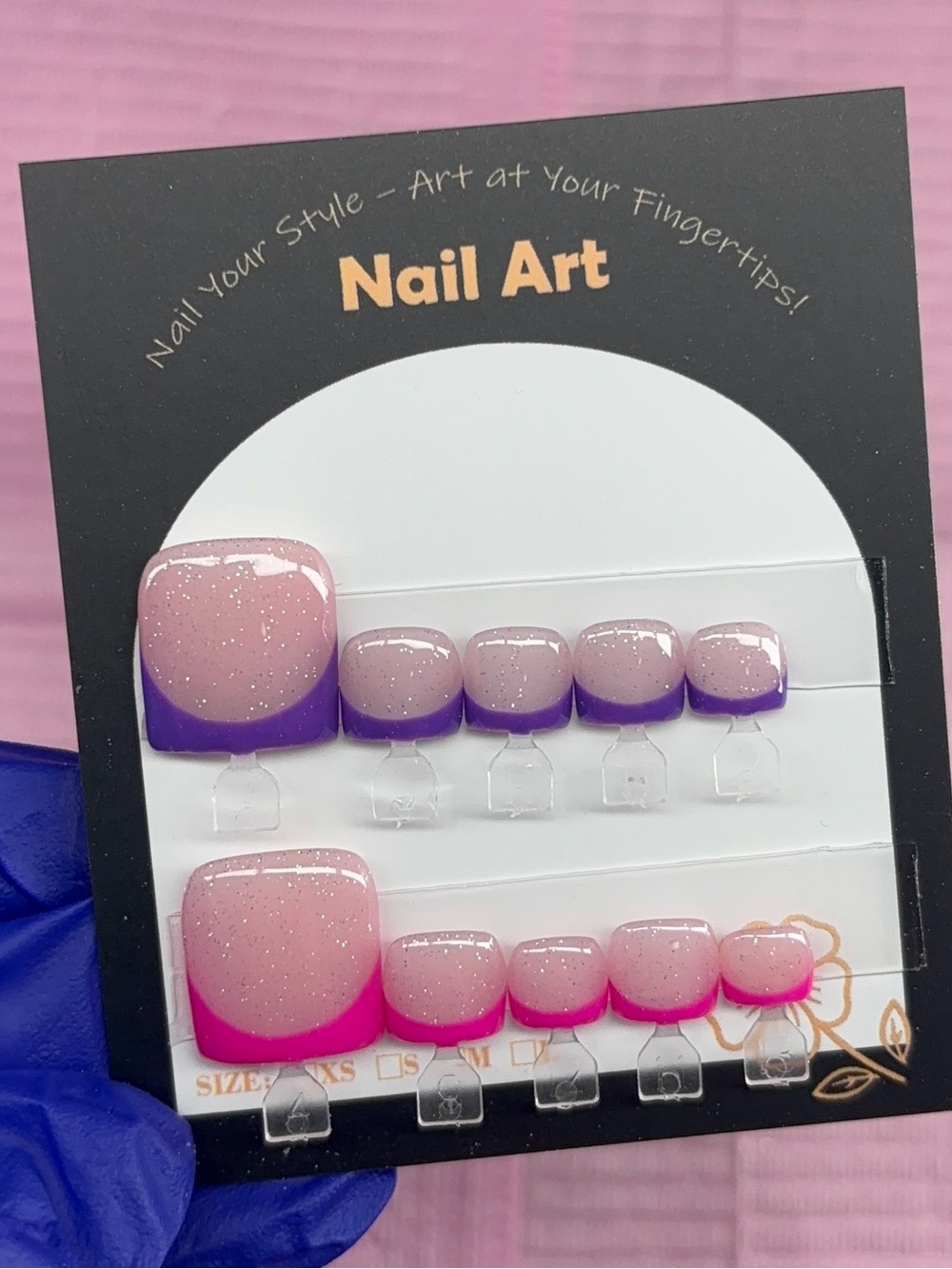 press on toenails nude glitter base pink purple French tips handmade custom